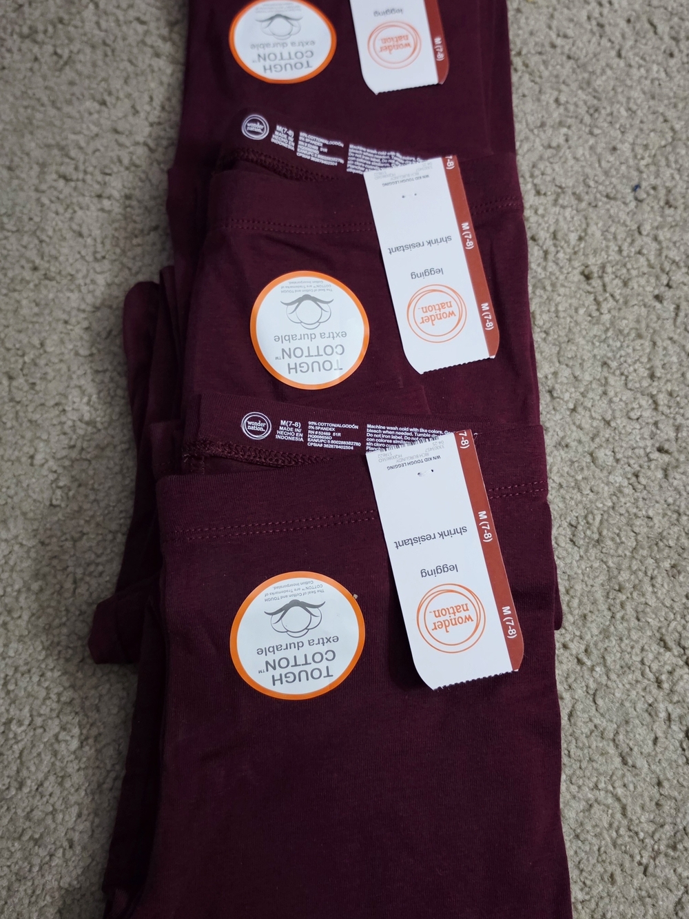 wonder nation Burgundy Kids Leggings - Solid Stretch Cotton. Set of 3.